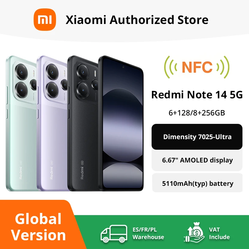Redmi Note 14 5G Version Global Smartphone NFC MediaTek Dimensity 7025-Ultra Camara 108MP 5110mAh Bateria 120Hz
