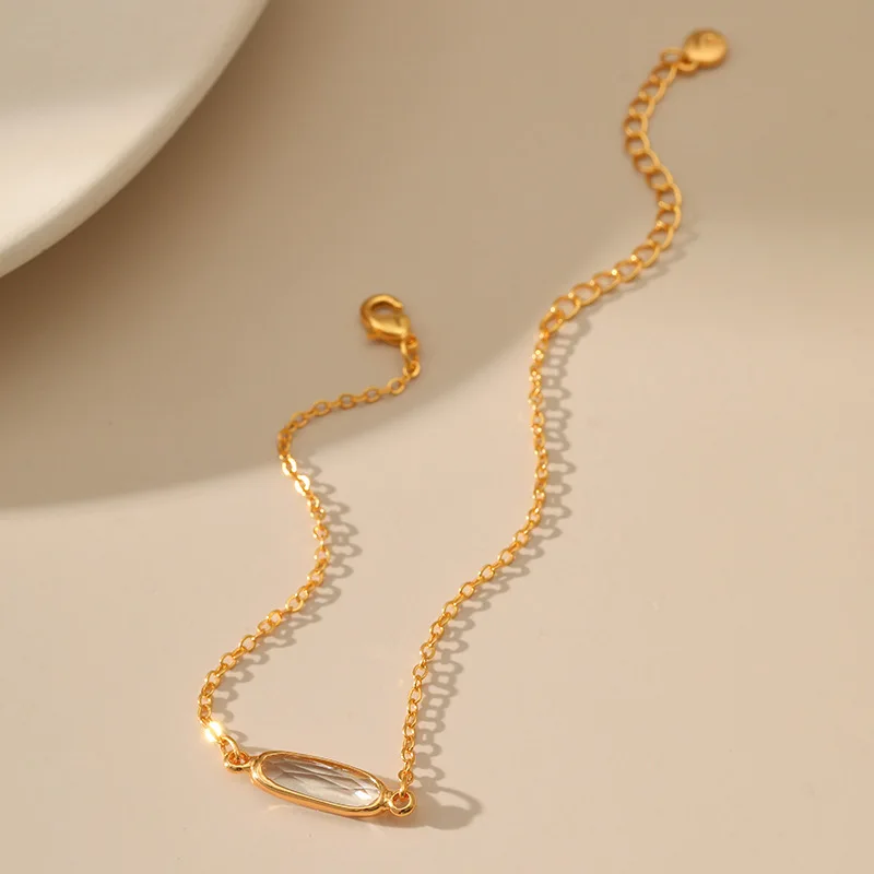 

Minimalism 18k Gold Plated Thin Link Chain Women Bracelet Simple Long Ellipse White Glass Crystal Pendant Bracelet for Female