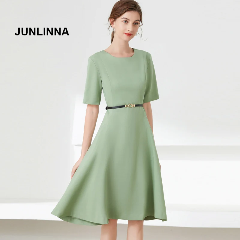 

JUNLINNA Designer Women Runway Dresses Summer New Pure Colour Sashes Sliming Midi Vestidos Office High Street Wear