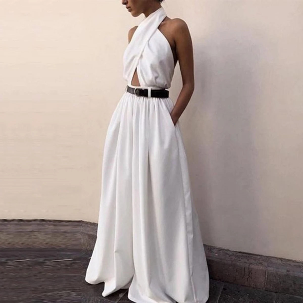 

Oshoplive Female Fashion New Summer Original Loose Sleeveless Solid Color Pleated Crossed Sexy Backless Jumpsuits for Women