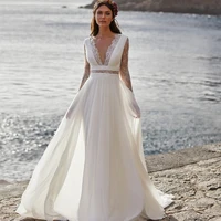 boho lace v neck wedding dresses chiffon long sleeves a line beach robe bride gowns button vintage floor length vestido de noiva