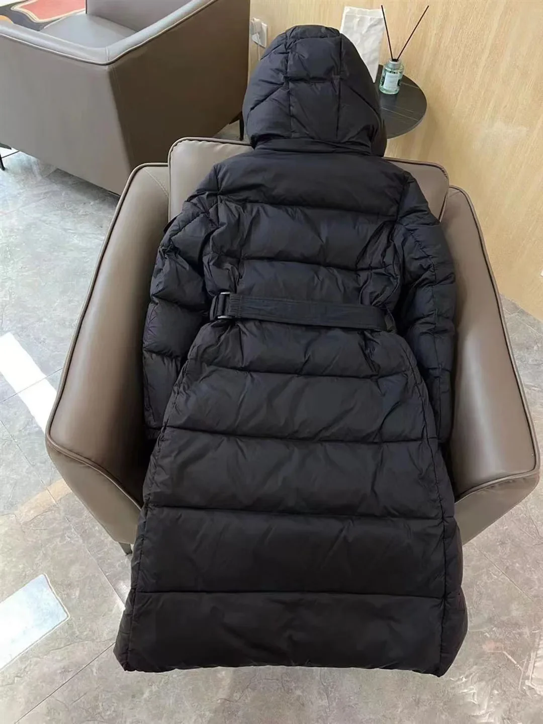 

Thickened Down Jacket with Removable Hat and Belt, Slim Coat, Splice Checker, Fashion, Over the Knee, Autumn and Winter