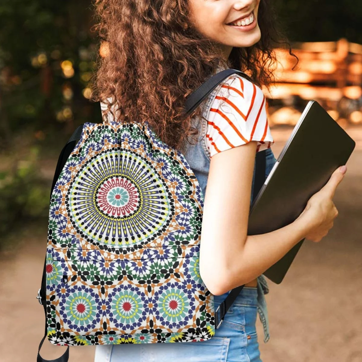 Moroccan Culture Design Women Backpack Casual Travel Shoulder Bag Foldable Girls School Bags Large Capacity Drawstring Backpacks