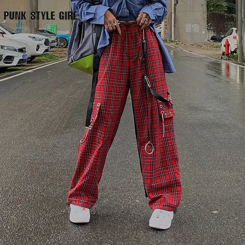 

Punk Red Plaid Wide Leg Pants Women Gothic Harajuku Checkered Cargo Trousers Hippie Hip Hop Korean Japanese Style Joggy