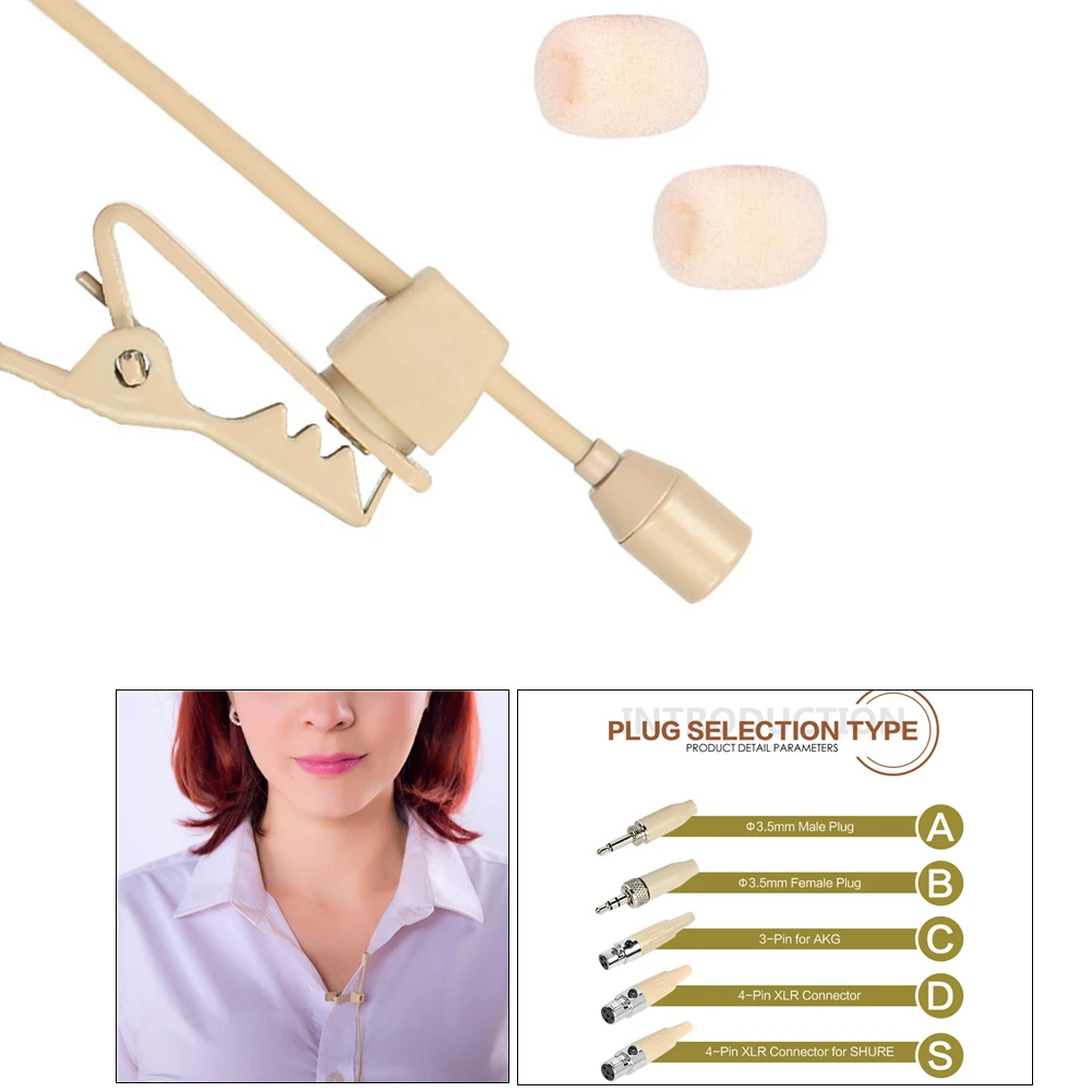 

1pc Beige Lavalier Lapel Clip Microphone 3.5mm 3-Pin 4-Pin XLR For Shure Wireless Audio Technica Mini Microphone For Sennheise