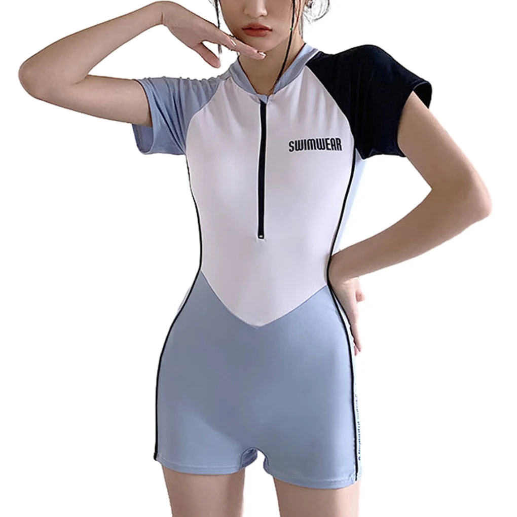 

Women Print Swimsuit Flat Shorts One-piece Detachable Chest Pad Zipper Closure Sports Elastic Spa Beach Bathing Suit