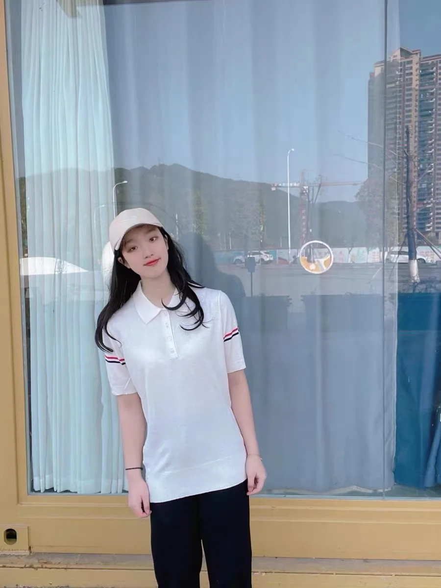 

TB THOM Top Women Summer Fashion Brand Men T-Shirt Armband Stripe Knit Blouses Slim Harajuku Kawaii TB Polo T-shirts