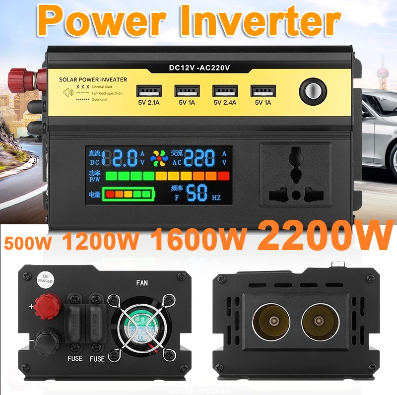 

1000W 2000W Car Inverter Digital Display 12V To 220V 4USB Charging Socket Adapter Transformer Solar Power Convertor