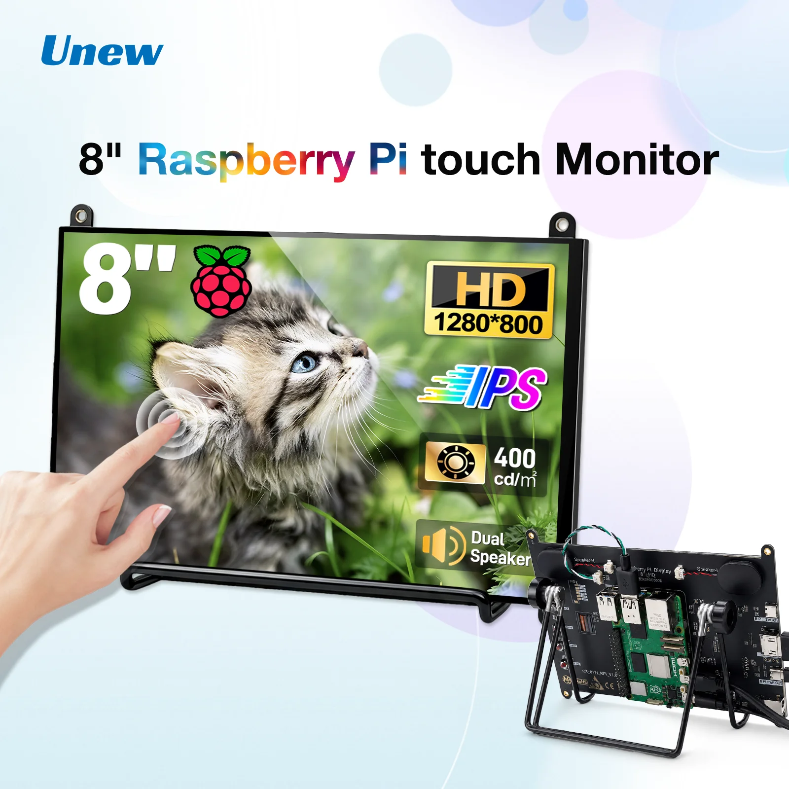 Фото 8-дюймовый сенсорный IPS-монитор с экраном 1280×800 для Raspberry Pi 5/4/3, встроенные динамики, HDMI Type-C №1