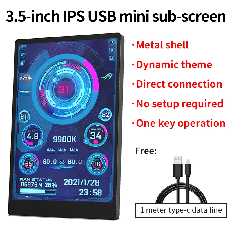 3,5-дюймовый дополнительный экран компьютера IPS TYPE-C DIY с поддержкой процессора, графического процессора, оперативной памяти, монитора жесткого диска, USB-дисплей с AIDA64, подходит для Windows (art.: 3920d2c242aee) - 3920d2c242aee