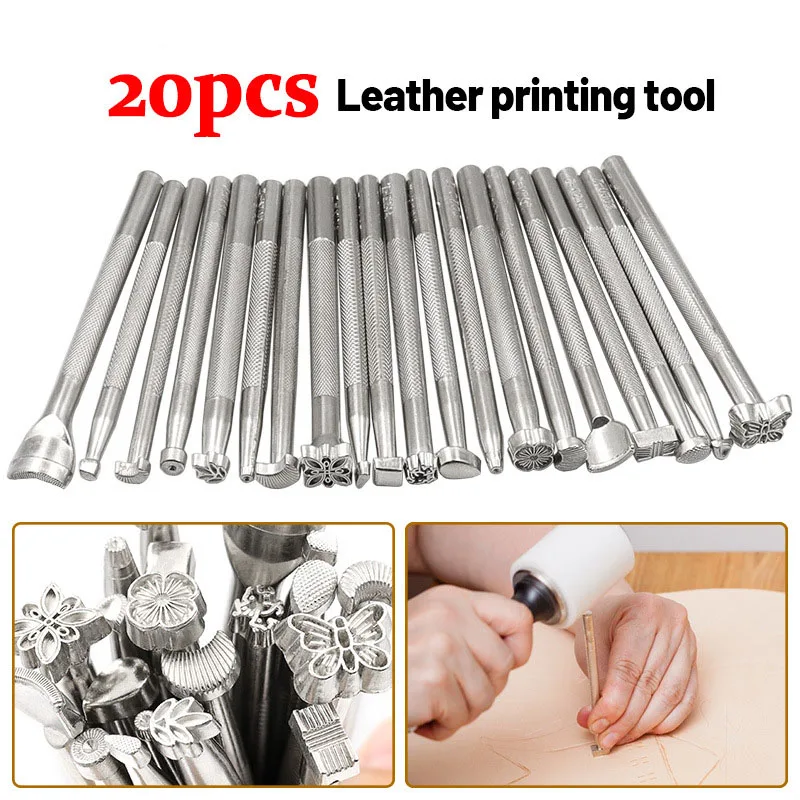 20pcs Leather Stamp Printing Tool Kit Alloy Stamp Punch Set Carving Saddle Making Tools for Leather Craft DIY Artwork