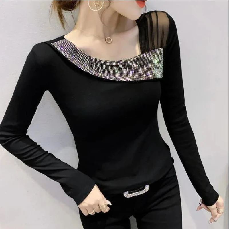 

Autumn Women Thin Black Lace T Shirt Female Long Sleeve Slim Lace Patchwork Tops Ladies Mesh Lace Base Bottomed Shirts G229