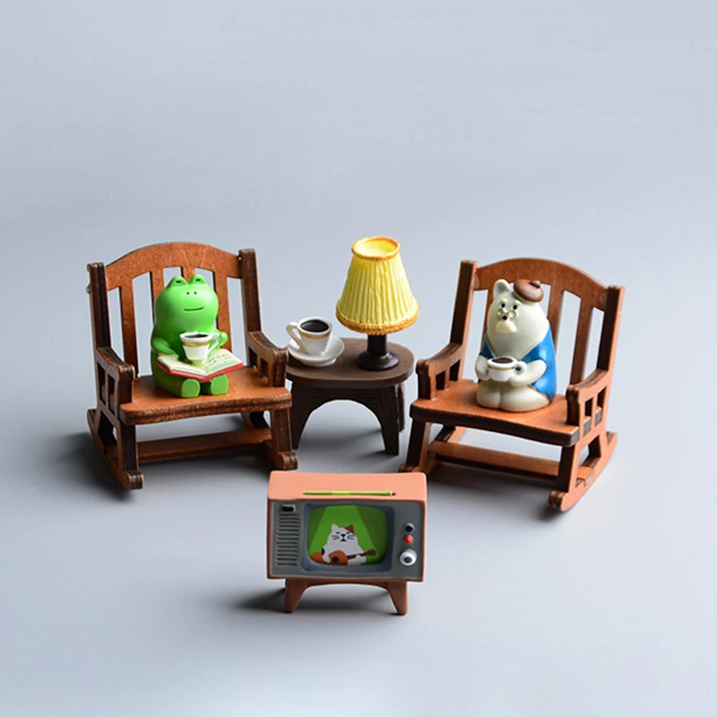 

Zakka Japan Cartoon Cats Frog Wood Chair Model Creative Mini Action Figure Resin Home Decor Accessories Kids Desktop Figurines