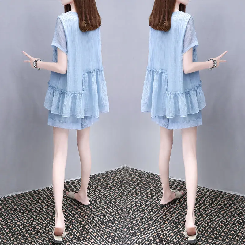 

Summer Women Shorts Matching Set Female Casual Short Sleeve Clothing Ladies Solid Tops and Elastic Waist Pant 2 Piece Suit A41