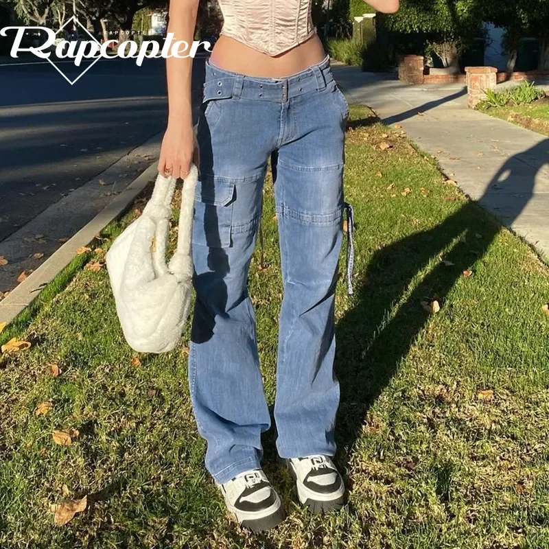 

Rapcopter y2k Jeans Retro Sashes Denim Pants Ruched Drawstring Cargo Pants Women Big Pockets Trousers Women Streetwear Jeans 90s