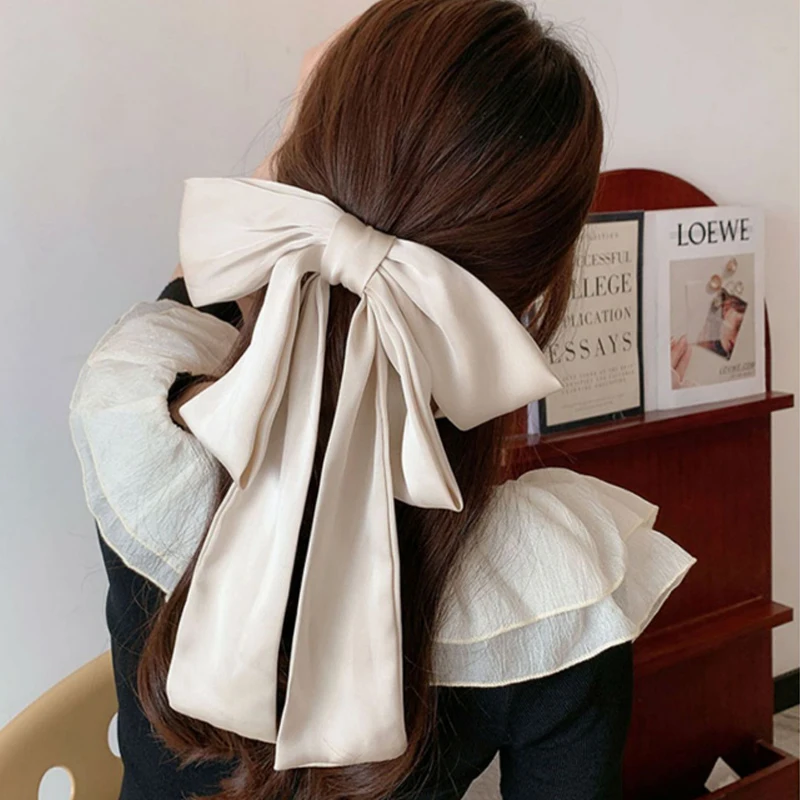 

Заколка для волос с большим атласным бантом женская, длинная Заколка-пряжка в Корейском стиле, черная, бежевая, Весенняя шпилька для волос