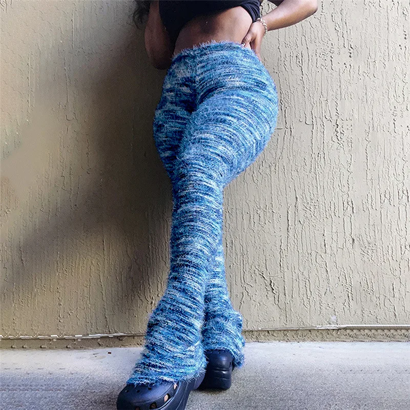 Вязаный свитер леггинсы 2024 женские зимние штаны из многослойного меха модные