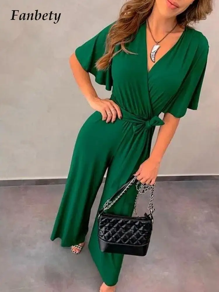 

Summer Commute Lace-Up Ladies V-Neck Jumpsuit 2022 New Women Short Sleeve Solid Color Romper Fashion Draped Long Pants Playsuits