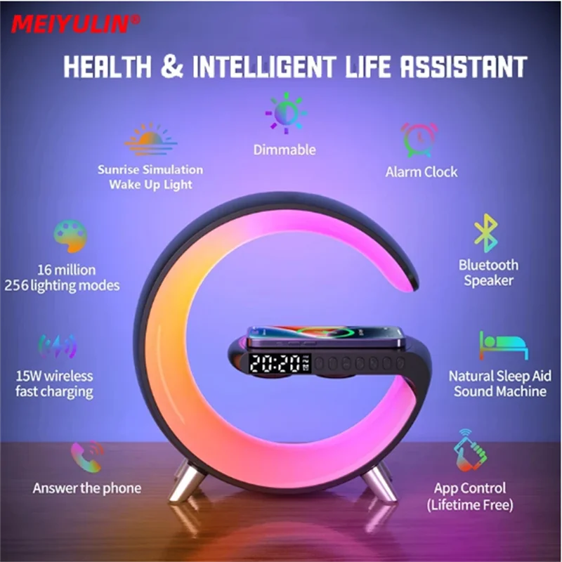 Multifunction 15W Wireless Fast Charger Alarm Clock Built-in Speaker APP Control LED Light Station for Iphone 14 Samsung Xiaomi
