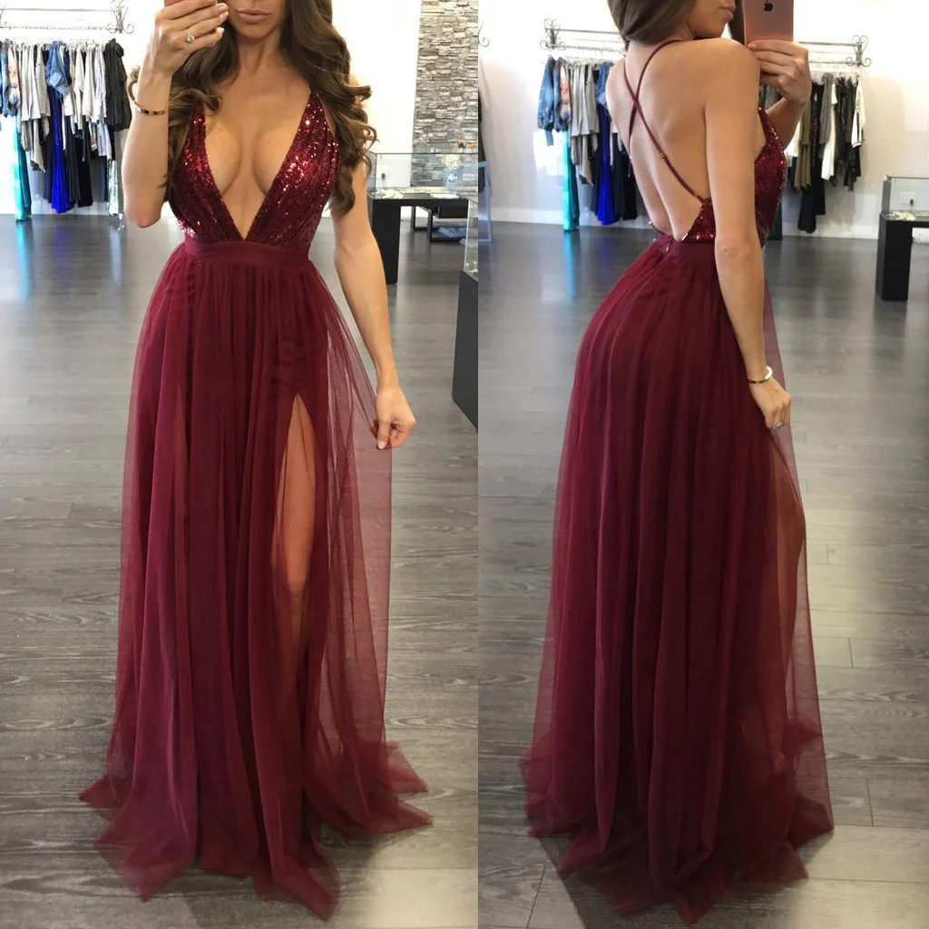 2022 Women's Deep V Neck Sleeveless Elegant Formal Prom Long Maxi Cocktail Party Ball Gown Bandage Blackless Dress Red Black XL