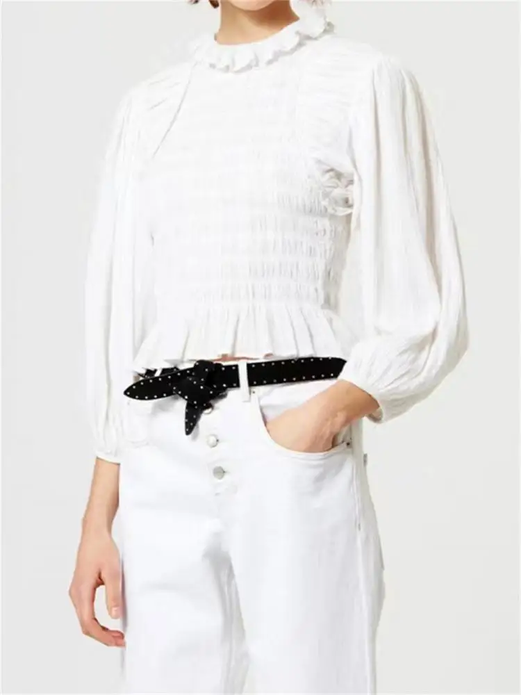 

Женская однотонная плиссированная рубашка, элегантная эластичная блузка с воротником-стойкой и цветочным принтом, с рукавами-фонариками, для ранней осени, 2023