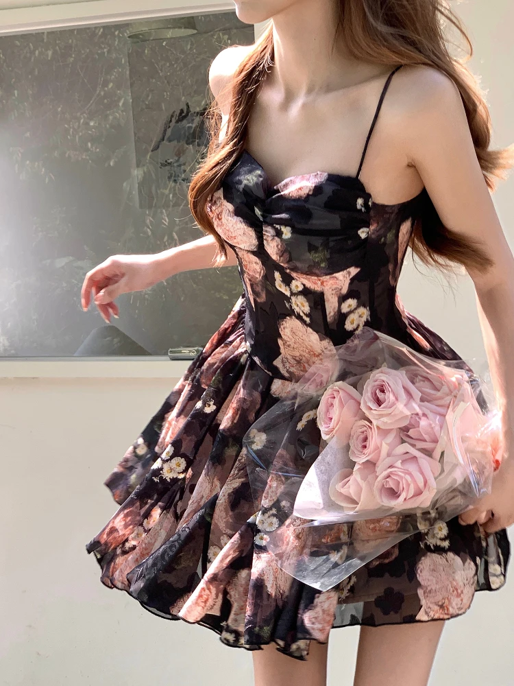 

2023 Summer Korean Fashion Elegant Sweet Floral Dress Female V Neck Y2k Short Party Dress Bodycon Lolita Sexy Mini Dress Beach