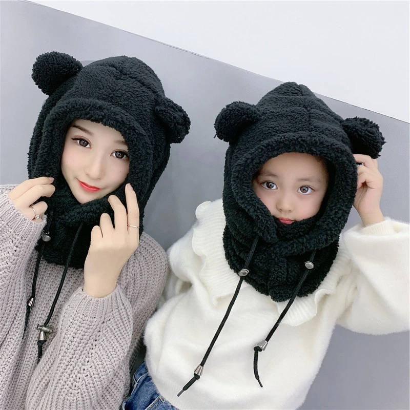 

Winter Children Hat Scarf In One Plus Fleece Kids Warm Caps Parent-child Cartoon Windproof Hats For Girls Boys Earflap Cap