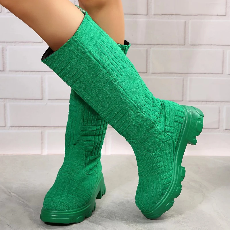 

Women's Luxury Brand Mid-Calf Boots 2023 Winter Fashion High Knitted Sock Boots Ladies Cotton Platform Shoes Zapatos De Mujer