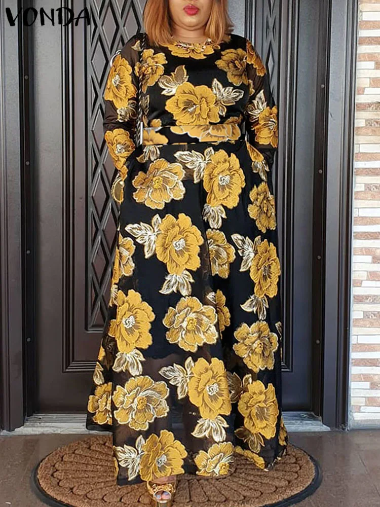 

VONDA Maxi Dress 2023 Women Summer Sundress Bohemian Long Sleeve Belted Floral Printed Party Sundress Casual Holiday Robe Femme