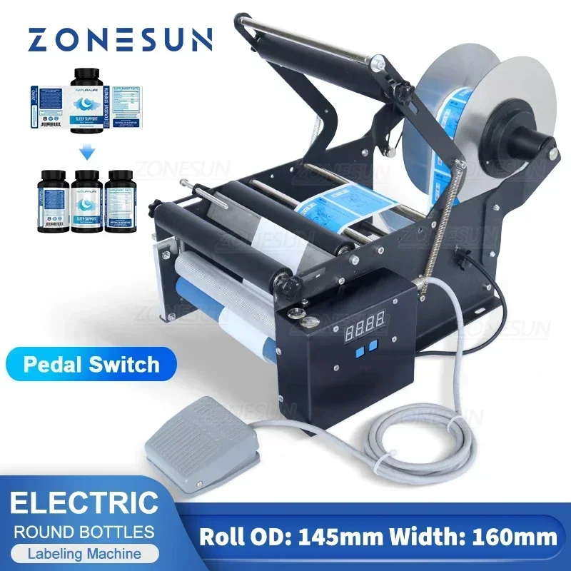 

ZONESUN Полуавтоматическая этикетировочная машина для круглых бутылок, диспенсер для штампов, мишень, наклейка для этикеток, этикетировочная машина для бутылок ZS-TB16P