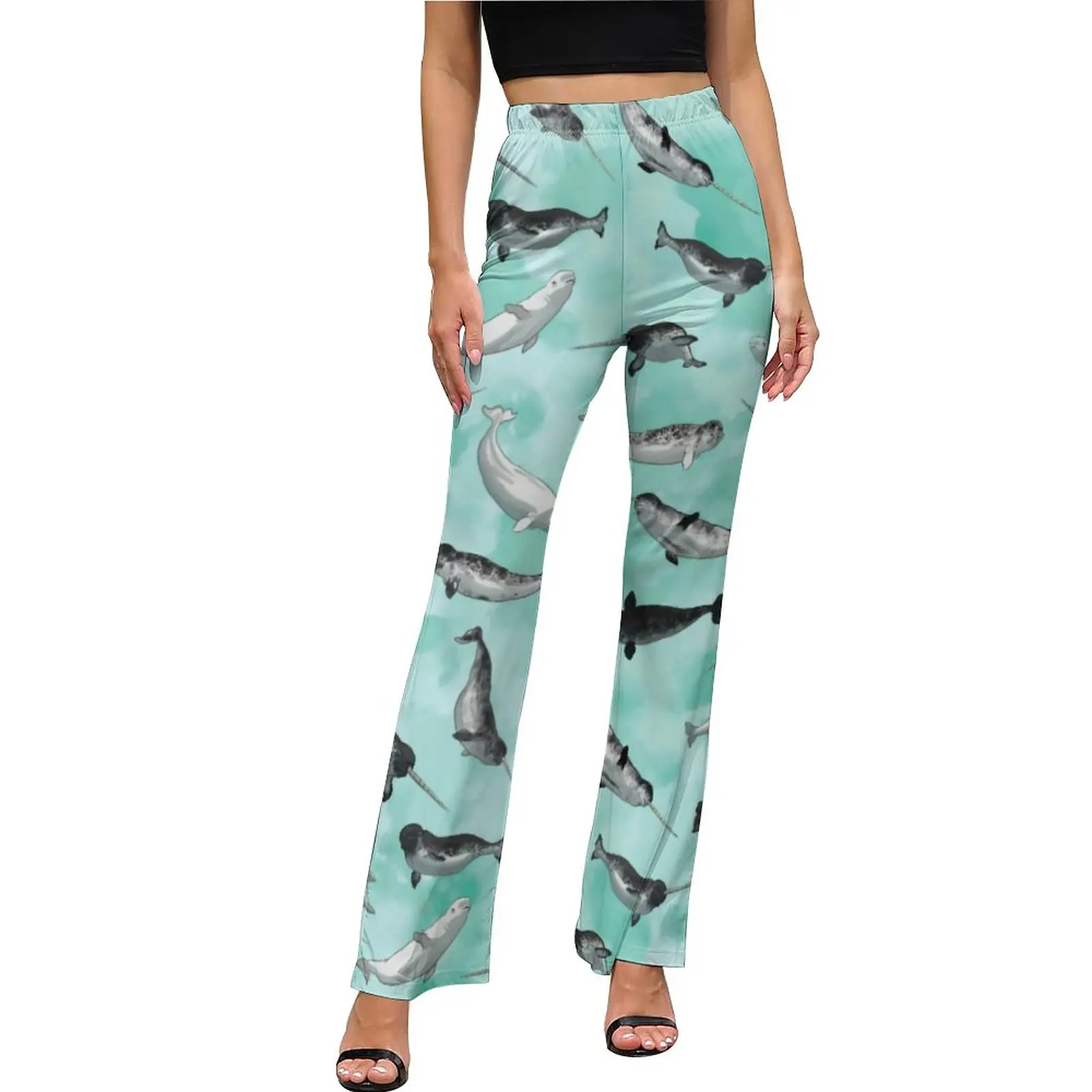 

Arctic Animal Print Casual Pants Narwhal and Beluga Night Club Flared Trousers High Waist Slim Fit Stretch Street Fashion Pants