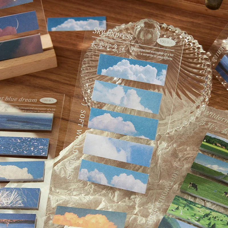 

100Pcs Kawaii Memo Book Soft World Series ins style creative landscape hand book basic material stickers 6 styles
