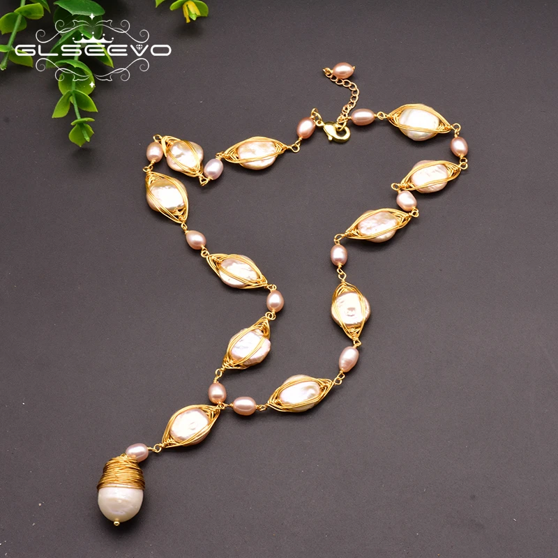 

GLSEEVO Handmade Fresh Water Baroque Pearls Enthic Pendant Necklace For Girls Engagement Women's Gifts 925 Silver Jewelry GN0103