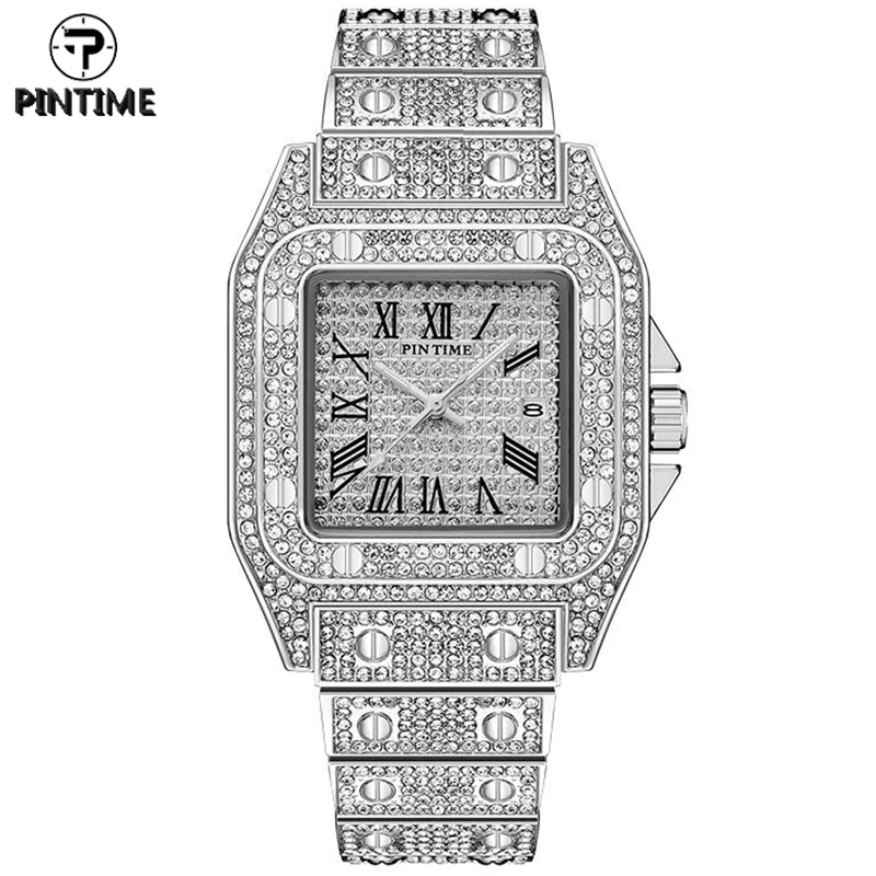 

PINTIME Quartz Watch Men Luxury Full Diamond Hip Hop Iced Out Sliver Chronograph Stainless Steel Watches Male Wristwatch Clock