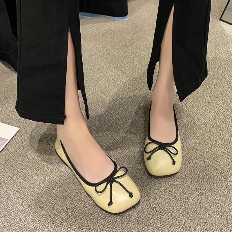 

casual design bowknot foldable flats women square toe soft leather ballerina shoes elastic band loafers size 40 women moccasins