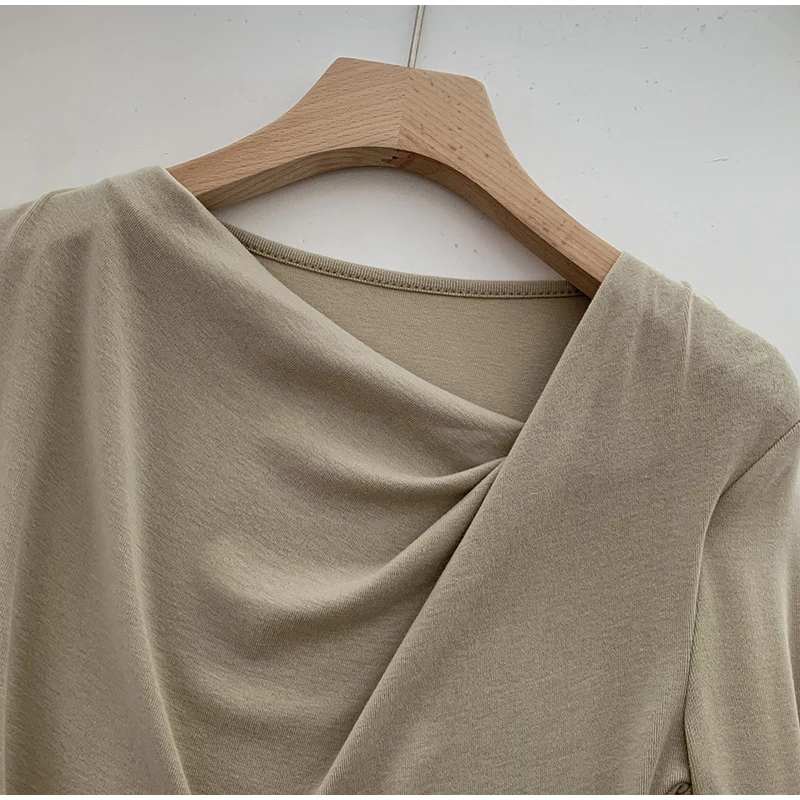 Женская Однотонная футболка с длинным рукавом простая эластичная Приталенная