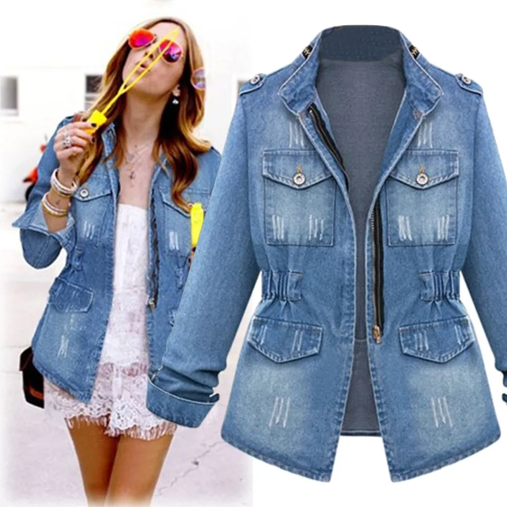 

Plus Size Casual Womens Ladies Denim Oversize Jeans Chain Jacket pocket Coat
