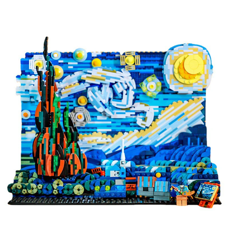 Juego de bloques de construcción de la noche estrellada de Van Gogh para niños y adultos, juguete de construcción con luz, arte Moc, pintura, 1830 unids/set Juego de bloques de construcción de la noche estrellada de