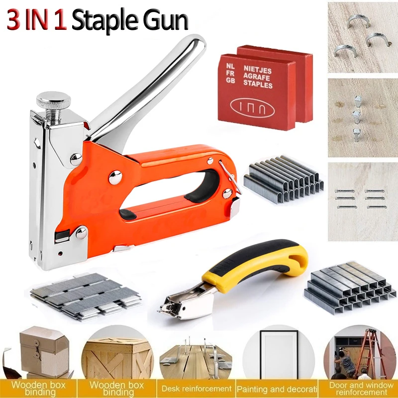 3 in 1 Stapler Gun with 600 Staples, Manual Brad Nailer Power Adjustment Stapler Gun for Wood, Crafts, Carpentry, Decoration DIY