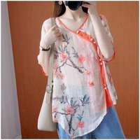 2022 female national vintage blouse chinese style cotton linen hanfu tops women flower print shirts chinese oriental tang suit