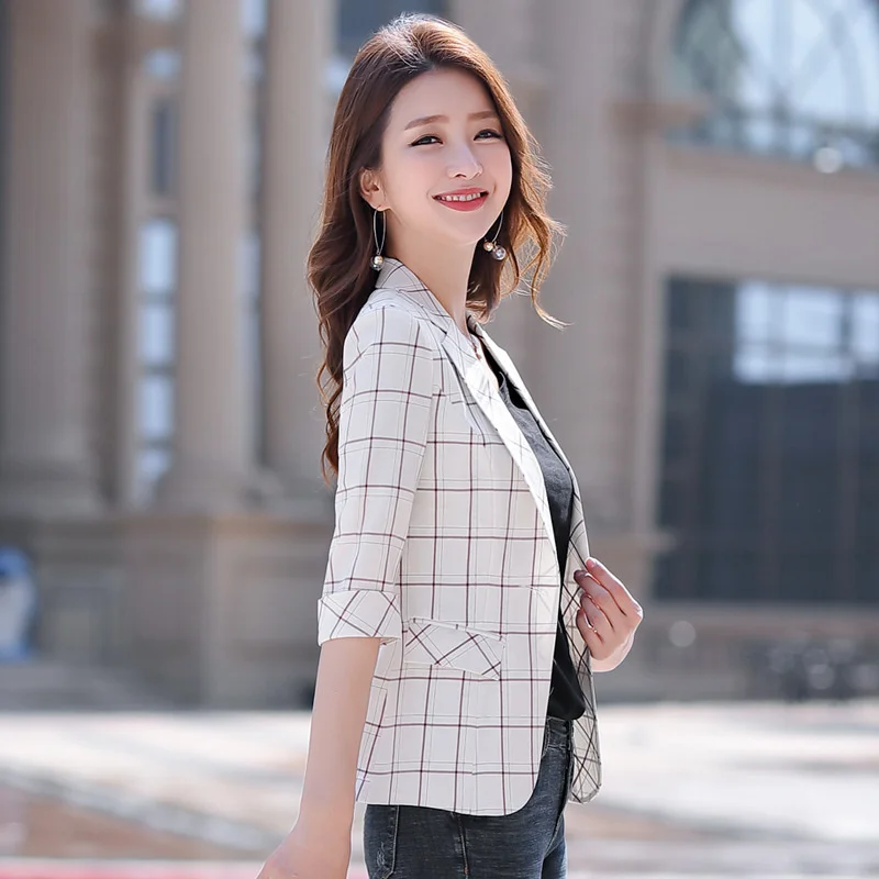 2022 New Spring Plaid Blazer Women Casual Short Small Suit Lady Single Button Three Quarter Office Women's Suit Jacket Ladies