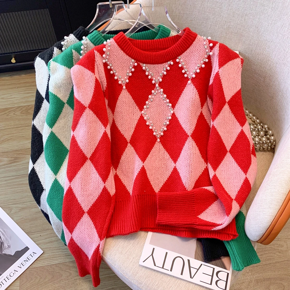 

Beaded Diamonds Embroidery Sweater for Women Autumn Winter Sweaters & Jumpers Round Neck Knitwear Pullover Top Female Clothing