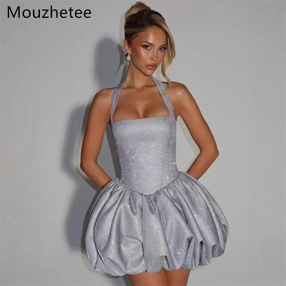 Фото Блестящее платье Mouzhetee А-силуэта на тонких бретелях, вечернее, для торжеств, женское, с воротником-стойкой, простое, без рукавов, для выпускного вечера, на заказ, 2025 №1