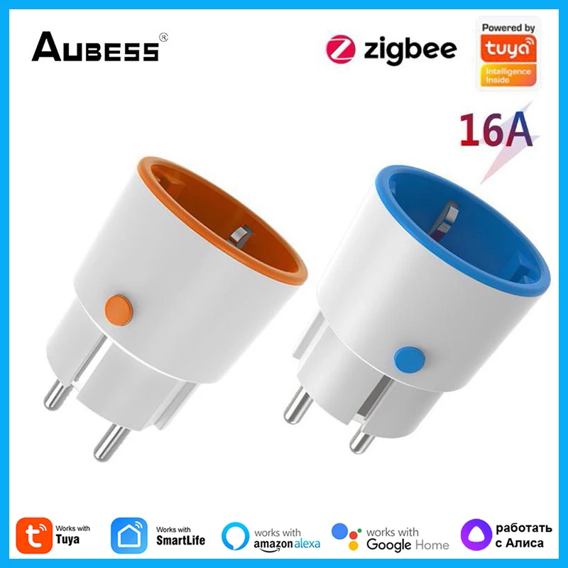 Aubess-enchufe inteligente Zigbee 3,0, Monitor de potencia de la UE, 16A, 3680W, funciona con Alexa y Google