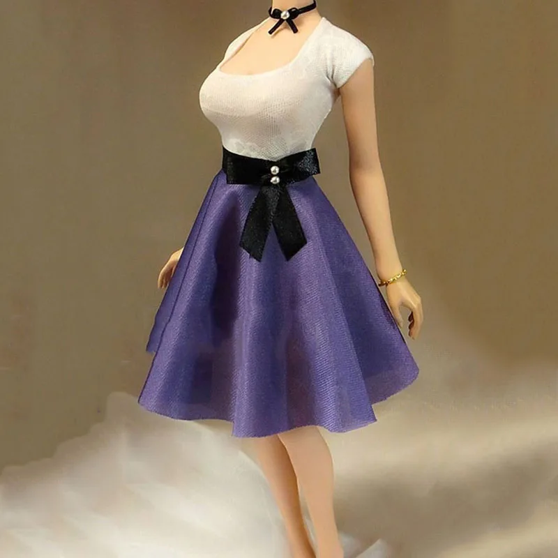 

1/6 Scale Female Sexy OL Sexy Wide-collar T-shirt Mini Blue Retro Skirt and Black Necklace Set Model for 12inch Action Figure