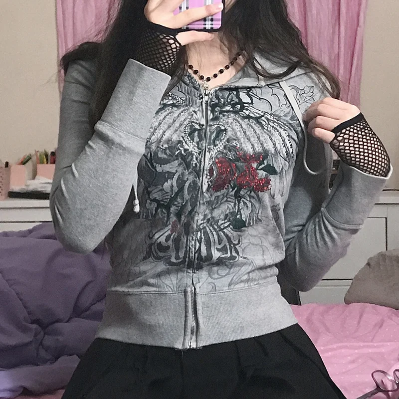 

Graphic Print Retro Casual Hooded Jackets Spring Autumn Fairycore Grunge Cloth Streetwear Fashion Sweatshirts