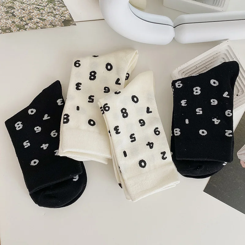 

SP&CITY Black And White Digital Printed Casual Socks Women's Fashion Medium Tube Cotton Socks Breathable College Harajuku Sock