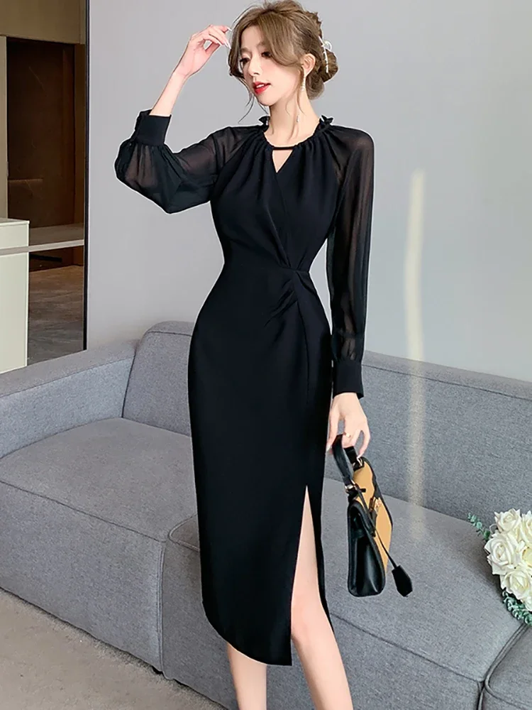 

2023 Black V-Neck Sheer Sexy Club Long Dress Women Korean Vintage Hepburn Prom Clothing Autumn Winter Elegant and Pretty Dresses