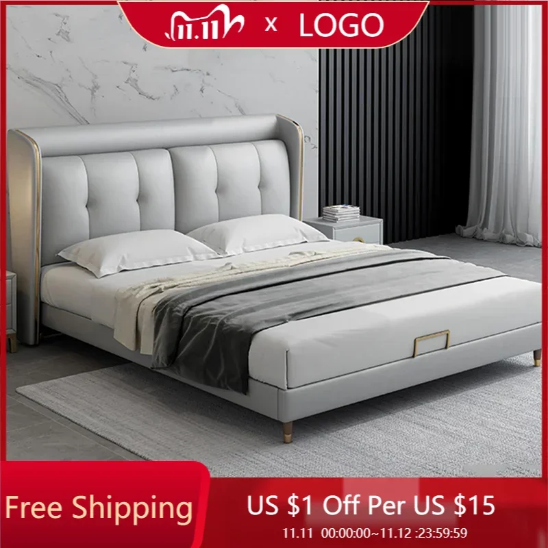 

Modern Minimalist Soft Bed Gray Leather Wedding Storage King Bed Set European Beautician Hotel Full Size Lit Interior Decoration