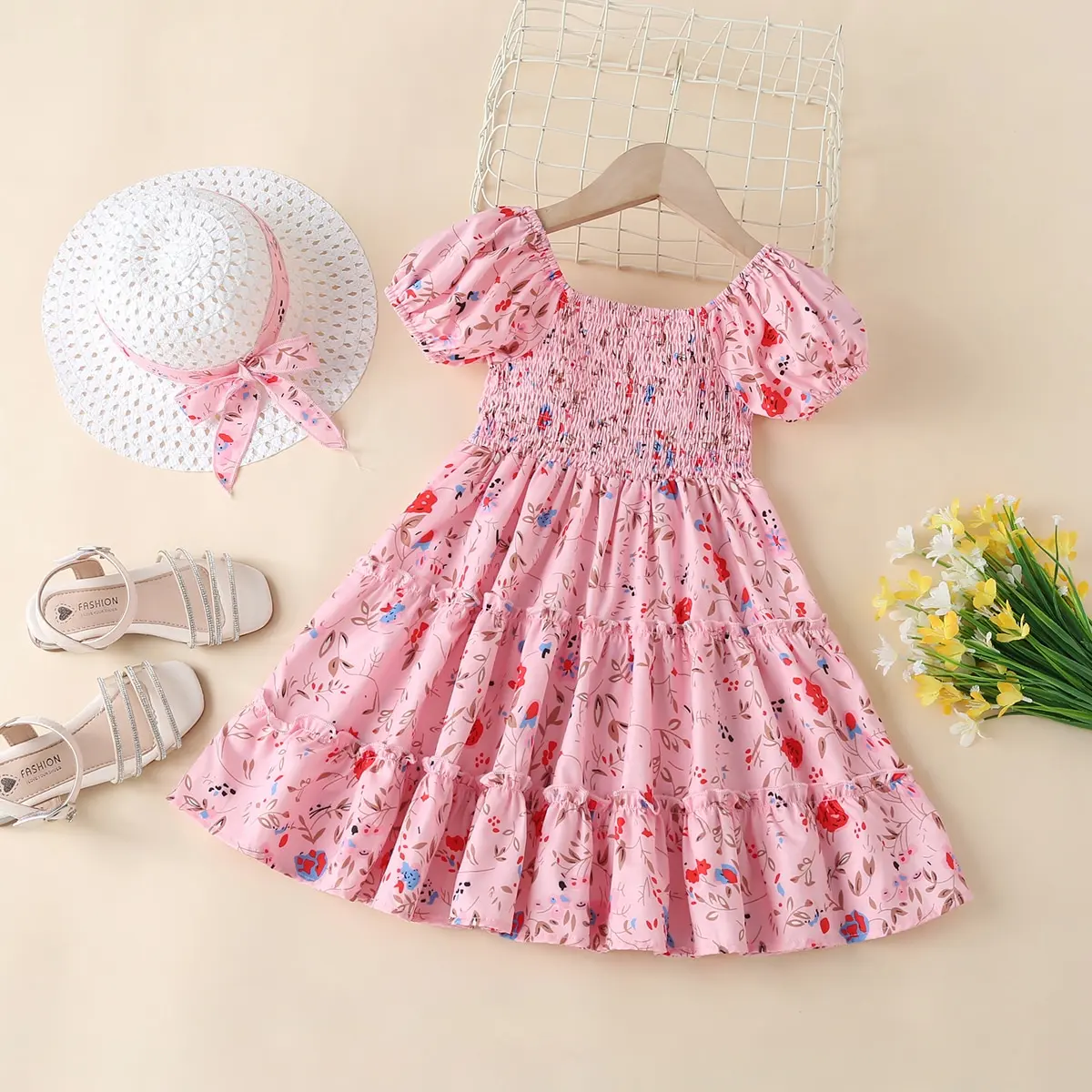 

Skirt Girls Western Style Floral Short Sleeve Round Neck Princess Dress Pink